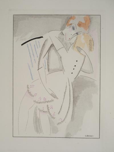 Gustave BUCHET : Moment de tendresse, Gravure originale et pochoir signée 2