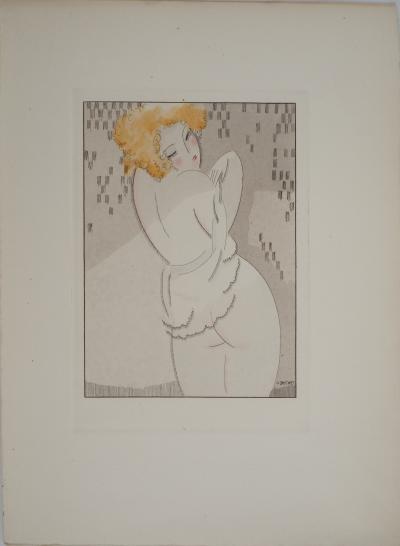 Gustave BUCHET : La rousse intimidée, Gravure originale et pochoir signée 2