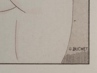 Gustave BUCHET : La rousse intimidée, Gravure originale et pochoir signée 2