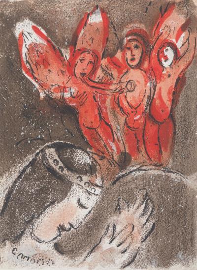 Marc CHAGALL : La Bible, Sara et les anges, Lithographie originale 2