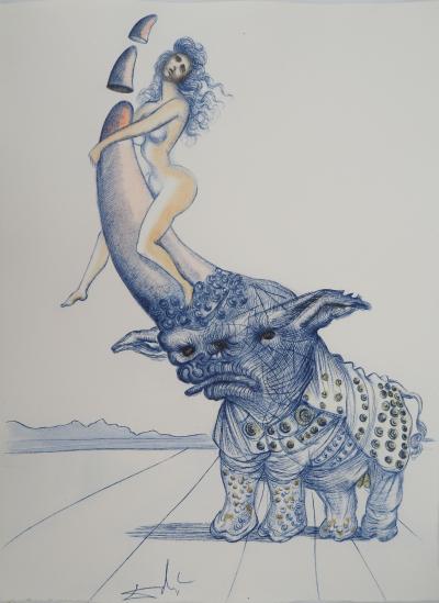 Salvador Dali: Casanova, Nude with Rhinoceros, Original signed engraving