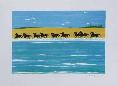 Serge LASSUS : Chevaux sauvages sur la plage, Lithographie originale signée 2