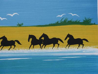 Serge LASSUS : Chevaux sauvages sur la plage, Lithographie originale signée 2