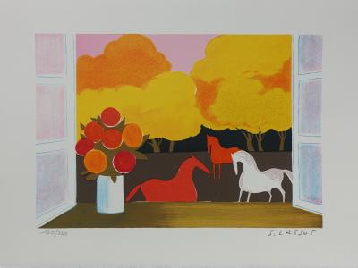 Serge LASSUS: Horses in autumn, Original signed lithograph 2