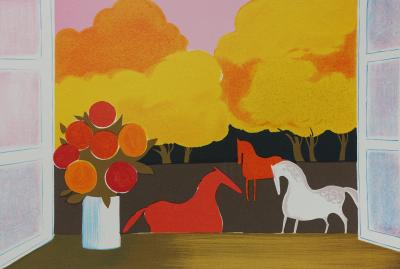 Serge LASSUS : Chevaux en automne, Lithographie originale signée 2