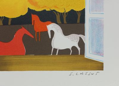 Serge LASSUS : Chevaux en automne, Lithographie originale signée 2