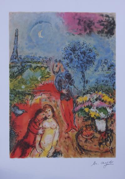Marc CHAGALL : les mariés de la Tour Eiffel, Lithographie signée, 1989, 500ex