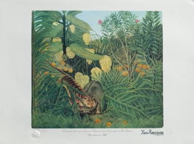 Henri ROUSSEAU (d’après)  : Tigre dévorant un buffle, Lithographie signée et numérotée, 1976