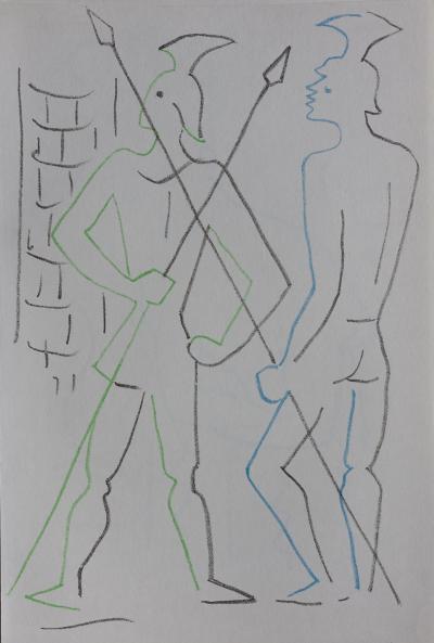 Jean COCTEAU : Les deux gardes, Lithographie originale 2