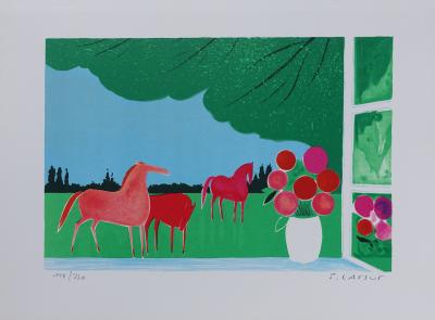 Serge LASSUS : Chevaux en été, Lithographie originale signée 2