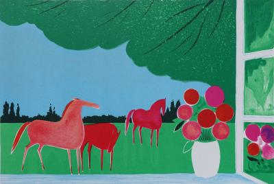 Serge LASSUS : Chevaux en été, Lithographie originale signée 2