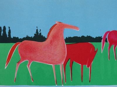 Serge LASSUS : Chevaux en été, Lithographie originale signée 2