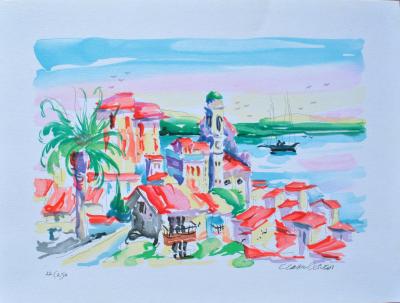 Olivier ZLADKU : Le village de Saint Tropez, Lithographie originale signée 2