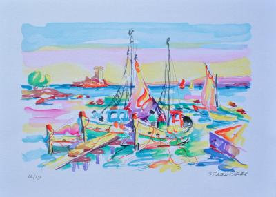 Olivier ZLADKU : Bâteaux de pêche à Cassis , Lithographie originale signée 2