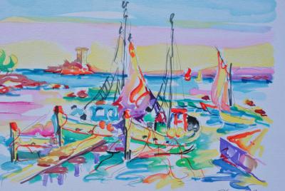 Olivier ZLADKU : Bâteaux de pêche à Cassis , Lithographie originale signée 2