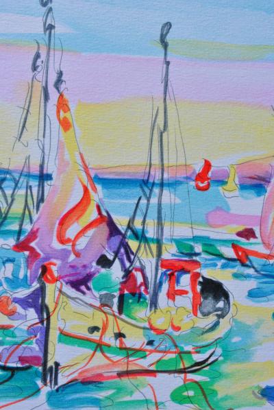 Olivier ZLADKU : Bâteaux de pêche à Cassis , Lithographie originale signée 2