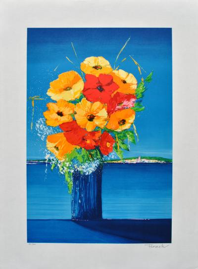 Serge FENECH : Bouquet fleuri face à la Méditerranée, Lithographie originale signée 2