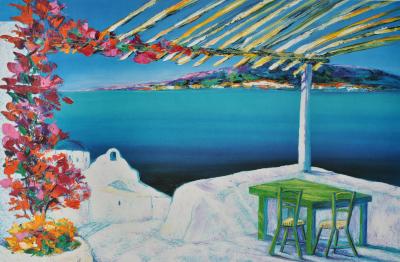 Serge FENECH : Petite table à Santorin, Lithographie originale signée 2