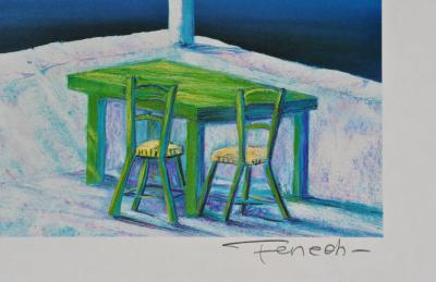 Serge FENECH : Petite table à Santorin, Lithographie originale signée 2