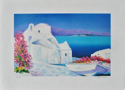 Serge FENECH : Barque fleurie à Santorin, Lithographie originale signée 2