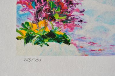 Serge FENECH : Barque fleurie à Santorin, Lithographie originale signée 2