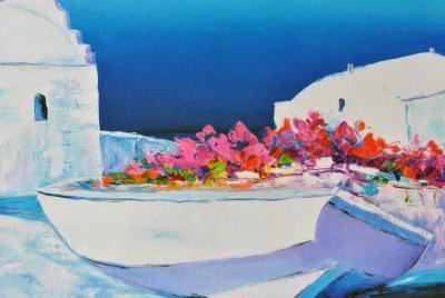 Serge FENECH : Barque fleurie à Santorin, Lithographie originale signée 2