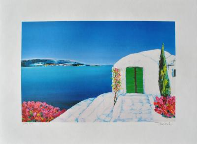 Serge FENECH : Petite porte verte à Santorin, Lithographie originale signée 2