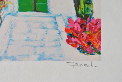 Serge FENECH : Petite porte verte à Santorin, Lithographie originale signée 2