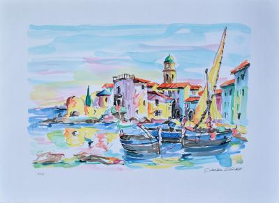 Olivier ZLADKU : Bateaux de pêche à St Tropez, Lithographie originale signée 2