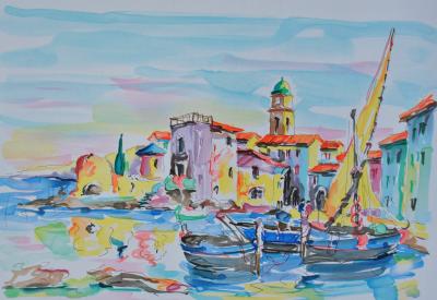 Olivier ZLADKU : Bateaux de pêche à St Tropez, Lithographie originale signée 2