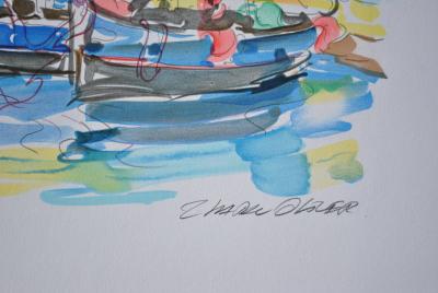 Olivier ZLADKU : Bateaux de pêche à St Tropez, Lithographie originale signée 2