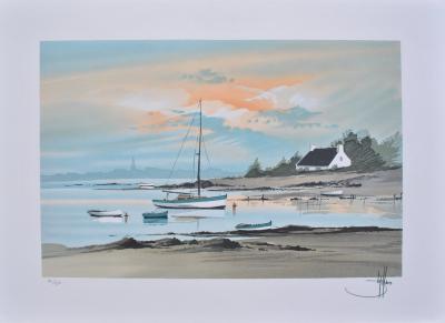 Stéphane LAURO : Petit port à Noirmoutier, Lithographie originale signée 2