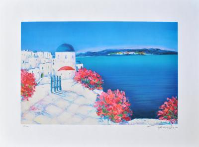 Serge FENECH : Passage fleuri à Santorin, Lithographie originale signée 2