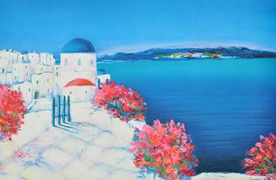 Serge FENECH : Passage fleuri à Santorin, Lithographie originale signée 2