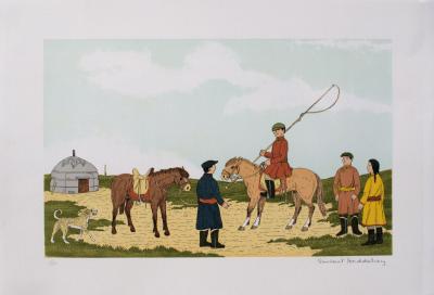 Vincent HADDELSEY : Le cavalier mongol, Lithographie originale signée 2