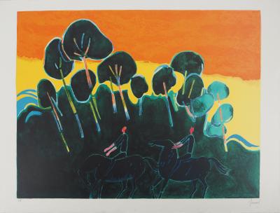 Albert ZAVARO : Coucher du soleil en promenade - Lithographie originale signée 2