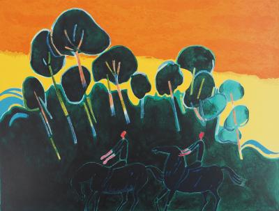 Albert ZAVARO : Coucher du soleil en promenade - Lithographie originale signée 2
