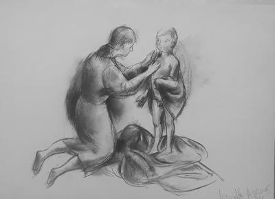 Veronika Issaeva-Agenos - Baignade, 2024 - Dessin à charbon, signé 2
