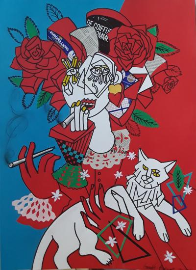 Veronika Issaeva-Agenos - Femme avec le chat, 2019 - Collage, Dessin au feutre signé 2