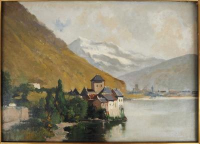 Eugène GALIEN LALOUE : Le château de Chillon sur le lac Léman, Huile sur huile Signée 2
