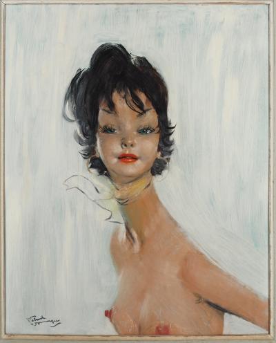 Jean-Gabriel DOMERGUE : Maria, nu sur fond bleu, Huile sur panneau signée 2