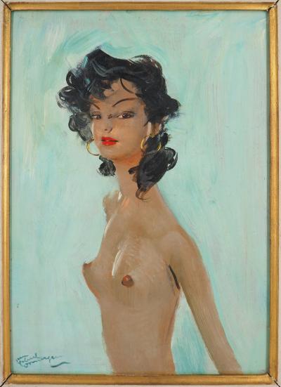 Jean-Gabriel DOMERGUE : Nu sur fond bleu, Huile sur panneau signée 2