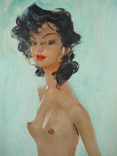 Jean-Gabriel DOMERGUE : Nu sur fond bleu, Huile sur panneau signée 2