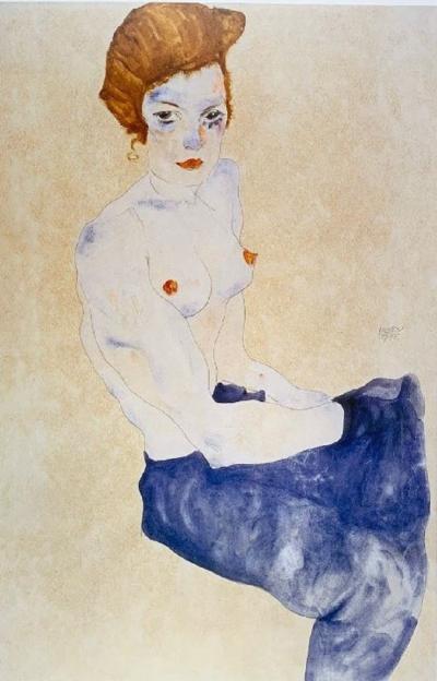Egon Schiele (d’après) - Assis bleu nu - impression offset 2