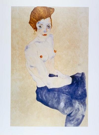 Egon Schiele (d’après) - Assis bleu nu - impression offset 2