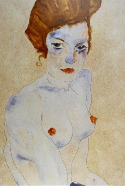 Egon Schiele (d’après) - Assis bleu nu - impression offset 2
