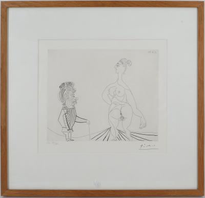 Pablo PICASSO : Petit homme regardant passer une grande femme - Gravure originale signée 2
