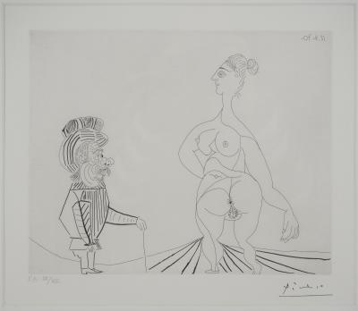 Pablo PICASSO : Petit homme regardant passer une grande femme - Gravure originale signée 2