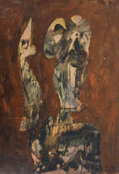Simon Hantaï : Personnage surréaliste, Huile sur papier signée 2