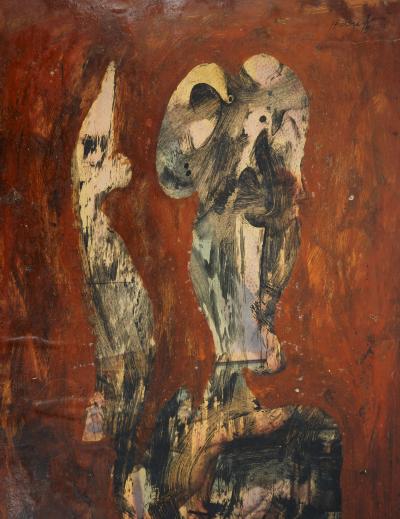 Simon Hantaï : Personnage surréaliste, Huile sur papier signée 2